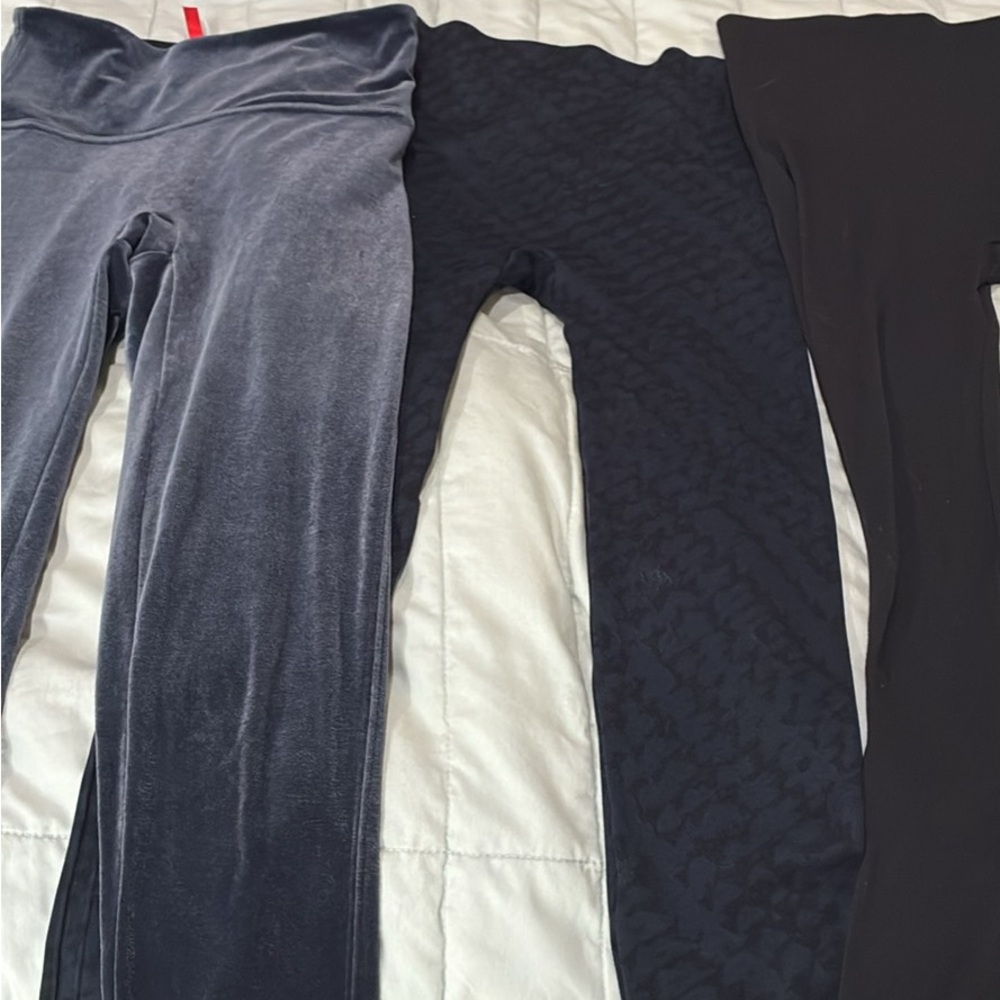 Trio of  Spanx Women's Leggings - Velvet Gray, Black Pattern, Solid Black